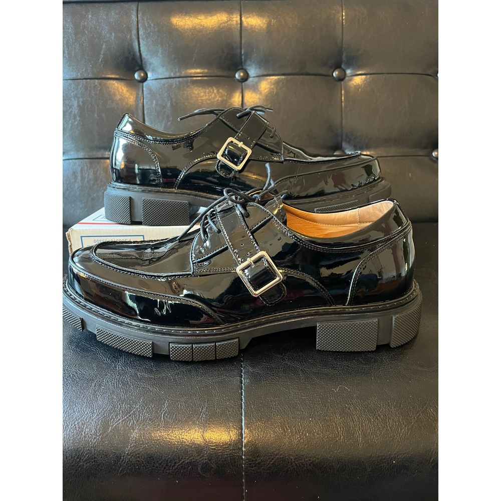 Marc Nolan Atlas Low Top Black Patent Leather Monk Strap Lug Sole